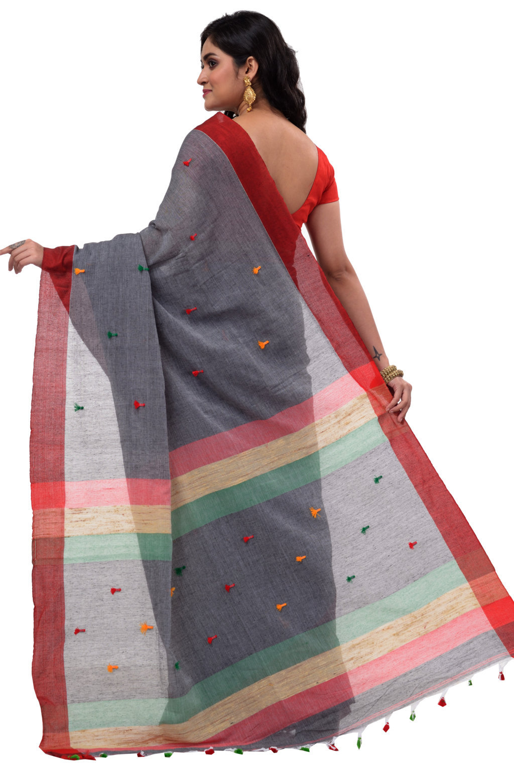 Grey Pure Cotton Clacial Desigined Hand Loom Saree (120)